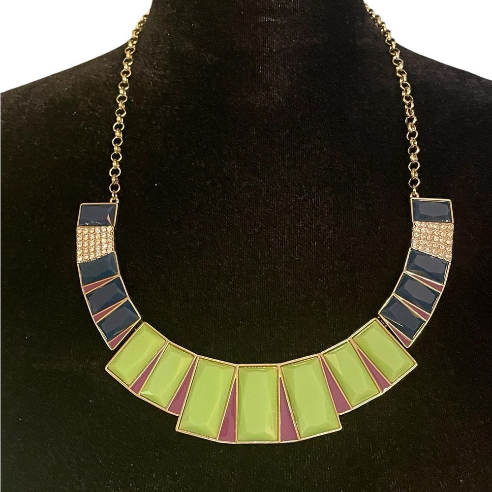 Stony‎ Jewelry necklace, lime green, deep blue, rhinestone.​